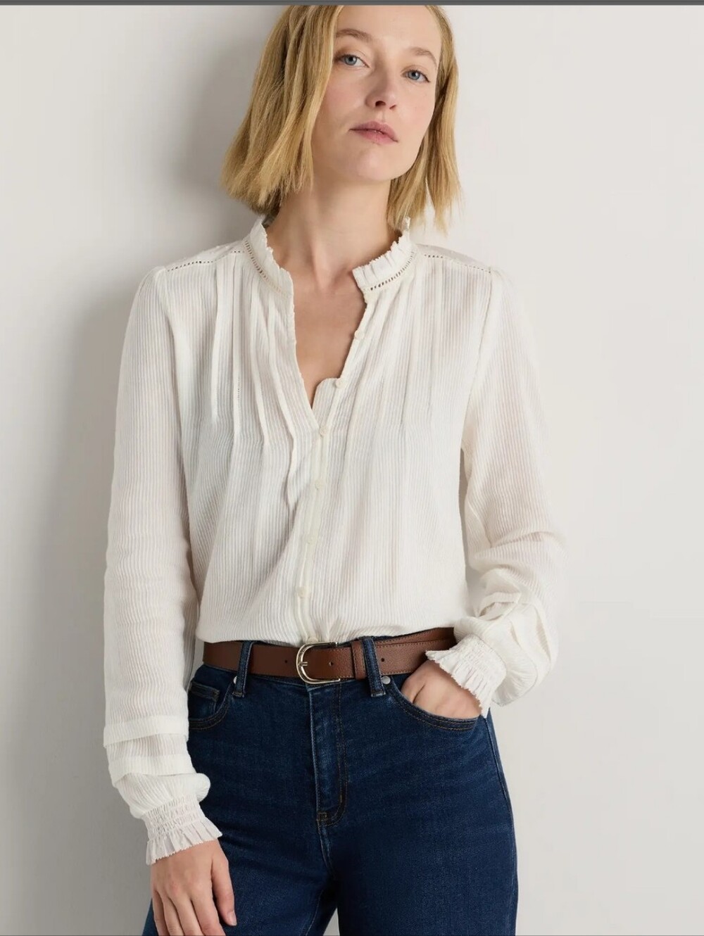 Quince Women's Cream Peasant Ruffle Blouse